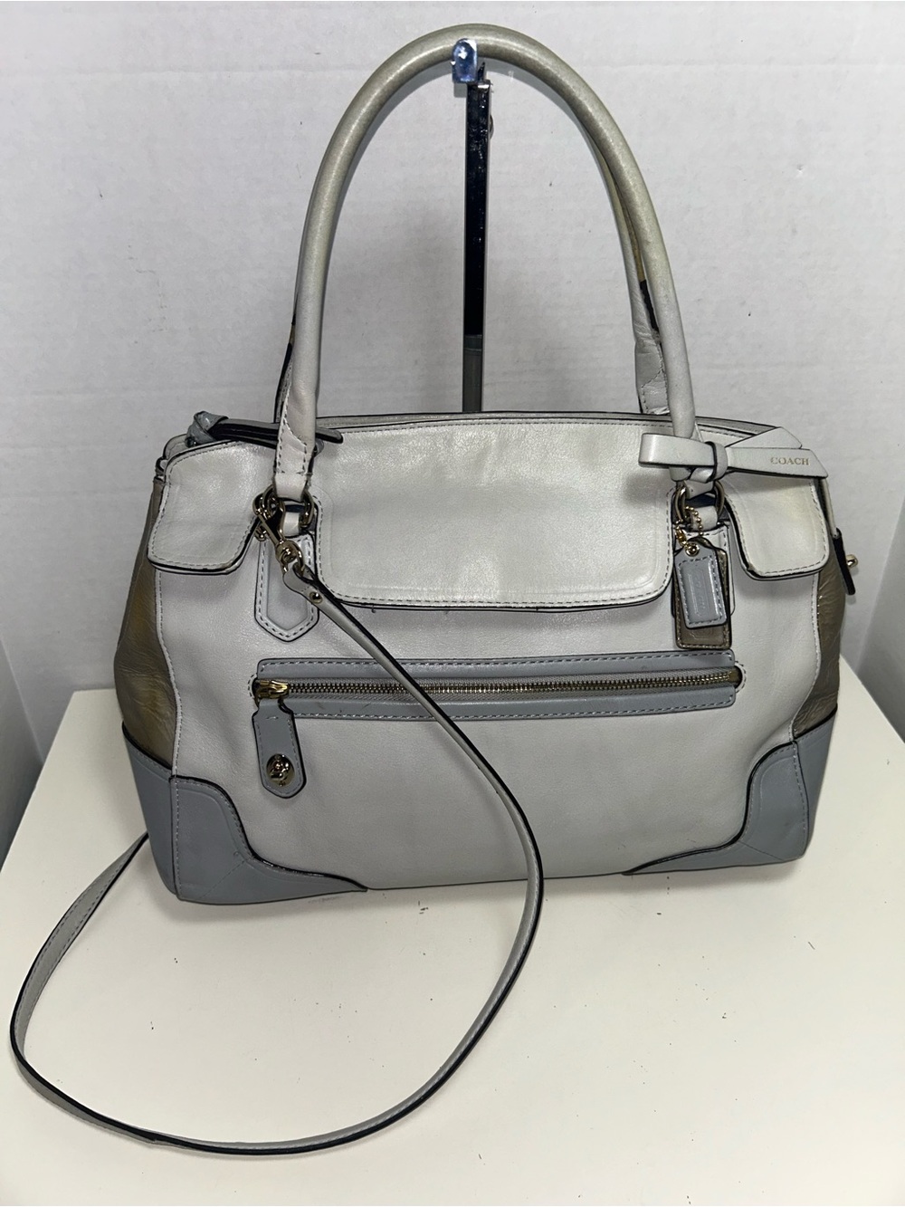 Coach Poppy 25073 Gray Color Block Leather Satchel Crossbody Shoulder Bag